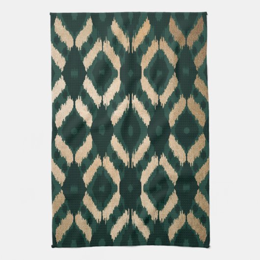 Bohemian Gold Forest Green Ikat Pattern Theedoek (Verticaal)