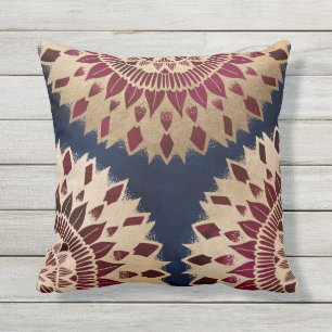 Bohemian Gold Navy Burgundy Hand Drawn Mandala Buitenkussen