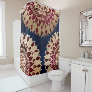 Bohemian Gold Navy Burgundy Hand Drawn Mandala Douchegordijn