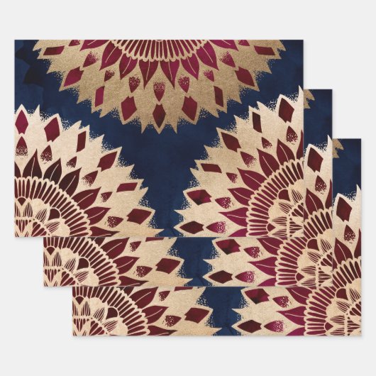 Bohemian Gold Navy Burgundy Hand Drawn Mandala Inpakpapier Vel (Set)