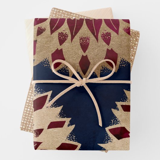 Bohemian Gold Navy Burgundy Hand Drawn Mandala Inpakpapier Vel (In situ)