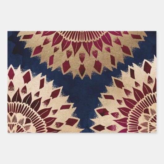 Bohemian Gold Navy Burgundy Hand Drawn Mandala Inpakpapier Vel (Voorkant)
