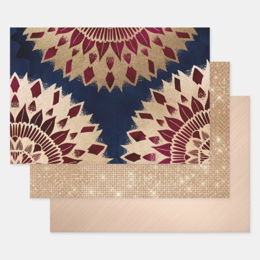 Bohemian Gold Navy Burgundy Hand Drawn Mandala Inpakpapier Vel (Set)