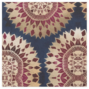 Bohemian Gold Navy Burgundy Hand Drawn Mandala Stof