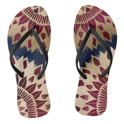 Bohemian Gold Navy Burgundy Hand Drawn Mandala Teenslippers (Voetbed)