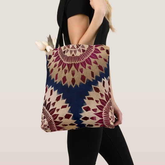 Bohemian Gold Navy Burgundy Hand Drawn Mandala Tote Bag (Dichtbij)