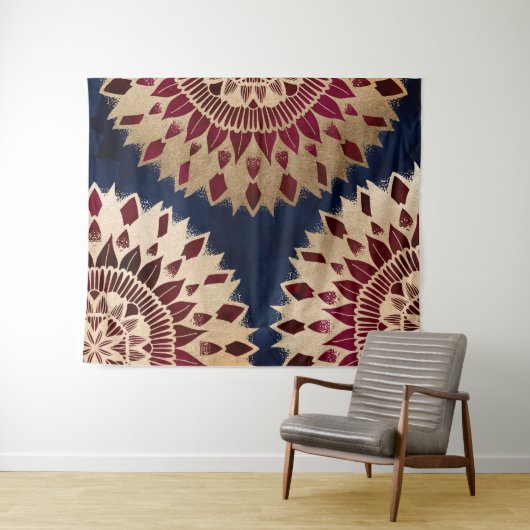 Bohemian Gold Navy Burgundy Hand Drawn Mandala Wandkleed (In Situ (horizontaal))