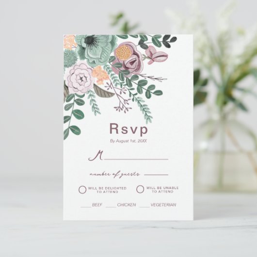 Bohemian Green & Mauve Chic Floral Flowers antwoor Kaart (Staand voorkant)