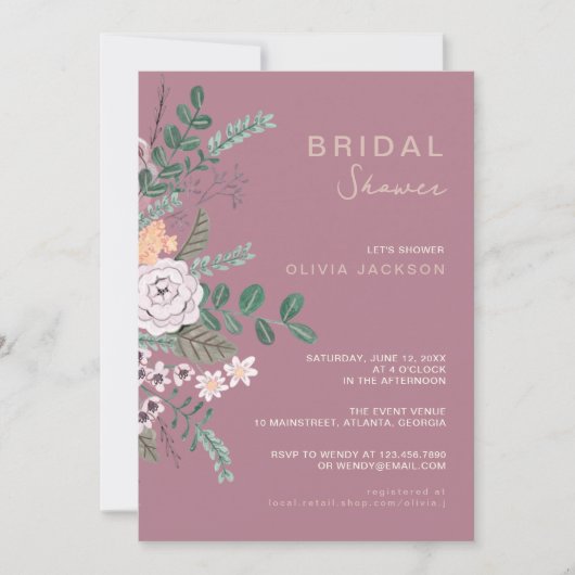 Bohemian Green & Mauve Chic Floral Flowers Bridal Kaart (Voorkant)