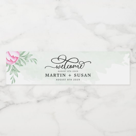 Bohemian Greenery Pink Flowers Gold Modern Wedding Waterfles Etiket (Enkel label)