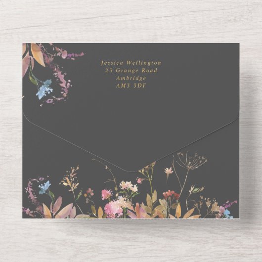 Bohemian Grey & Gold Wildflower Lijst Weddenschap All In One Uitnodiging (Achterkant)