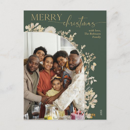 Bohemian Groen Goud Script Foto Kerstmis Briefkaart (Voorkant)