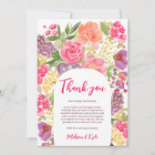 Bohemian heldere bloemenboog script chique bruilof bedankkaart (Voorkant)