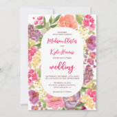 Bohemian heldere bloemenboog script chique bruilof kaart (Voorkant)