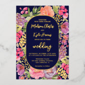 Bohemian heldere bloemenboog script marine bruilof folie uitnodiging (Voorkant)