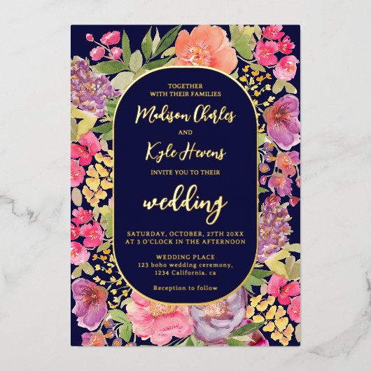 Bohemian heldere bloemenboog script marine bruilof folie uitnodiging (Voorkant)