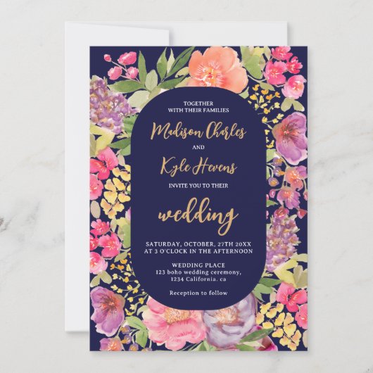 Bohemian heldere bloemenboog script marine bruilof kaart (Voorkant)