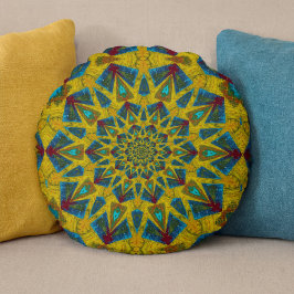 Bohemian Hippie Blue Yellow Floral etnische stam Rond Kussen