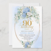 Bohemian Light Blue Floral Gold 90th Birthday Kaart (Voorkant)