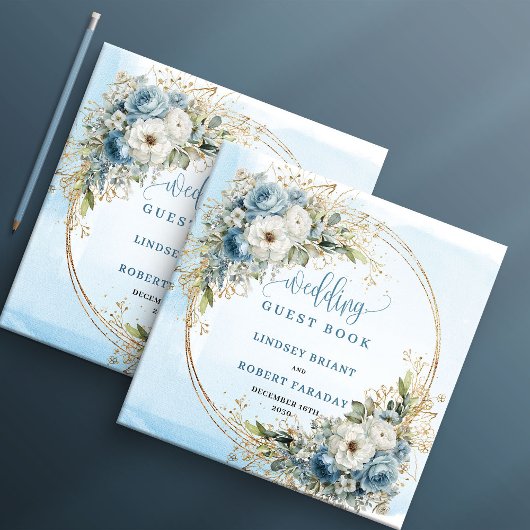Bohemian Light Blue Floral Gold Glitter Guest Book Gastenboek