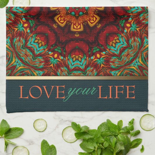 Bohemian Mandala Gold+Blauwgroen Citaat Towel Theedoek (Gevouwen)