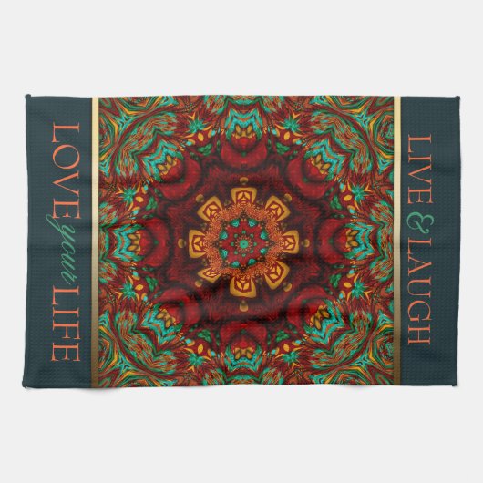 Bohemian Mandala Gold+Blauwgroen Citaat Towel Theedoek (Horizontaal)