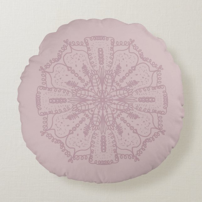 Bohemian Mandala Hand Drawn Mute Pink Round Pillow Rond Kussen (Voorkant)