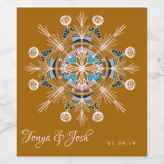 Bohemian Mandala Mustard Blue Boho Wedding Wijn Etiket (Enkel label)