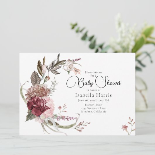 Bohemian Maroon and Pink Floral Baby shower Invit Kaart (Staand voorkant)
