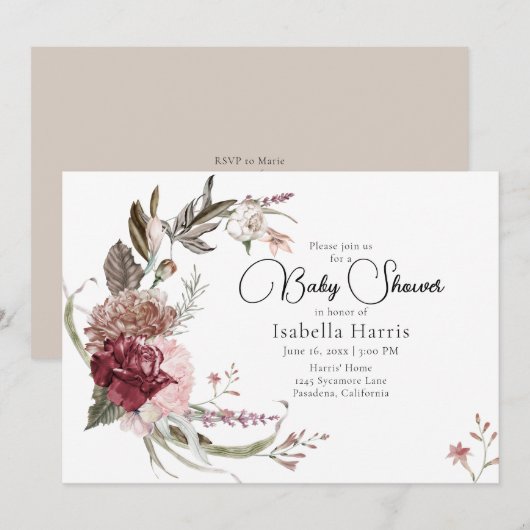 Bohemian Maroon and Pink Floral Baby shower Invit Kaart (Voorkant / Achterkant)