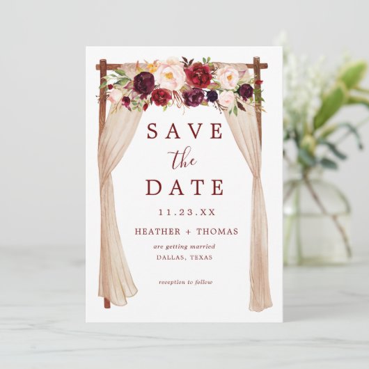 Bohemian Marsala Burgundy Floral Arch Save The Date (Staand voorkant)