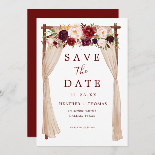 Bohemian Marsala Burgundy Floral Arch Save The Date (Voorkant / Achterkant)