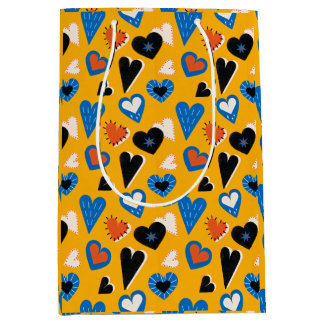 Bohemian Mustard Yellow and Blue Whimsical Hearts Medium Cadeauzakje