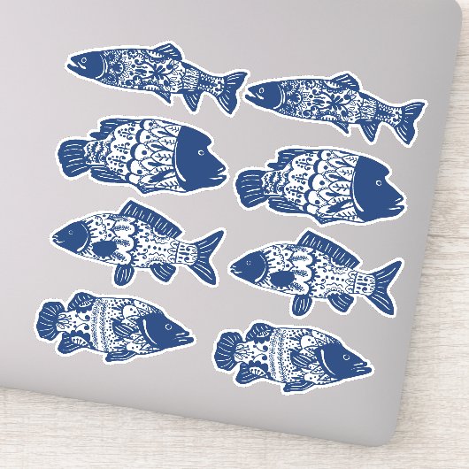 Bohemian Navy Blue Floral Patterned Fish Sticker (Detail)