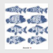 Bohemian Navy Blue Floral Patterned Fish Sticker (Vel)