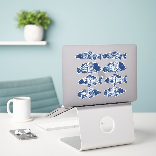 Bohemian Navy Blue Floral Patterned Fish Sticker (Laptop op bureau)