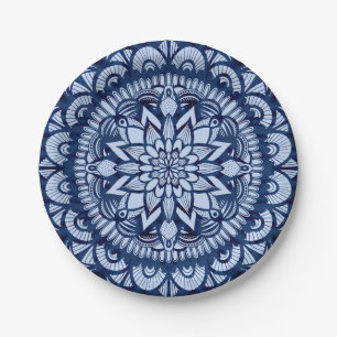 Bohemian Navy Blue Tie Dye Mandala Papieren Bordje