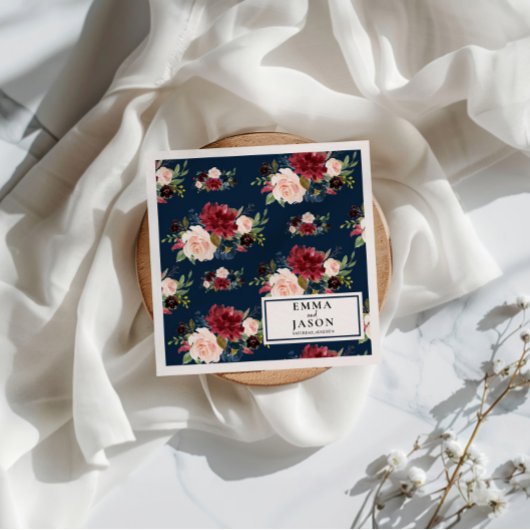 Bohemian Navy Floral Burgundy Wedding Napkins Servet