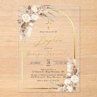 Bohemian Neutral Pampas Grass Baptism Christening  Acryl Uitnodigingen