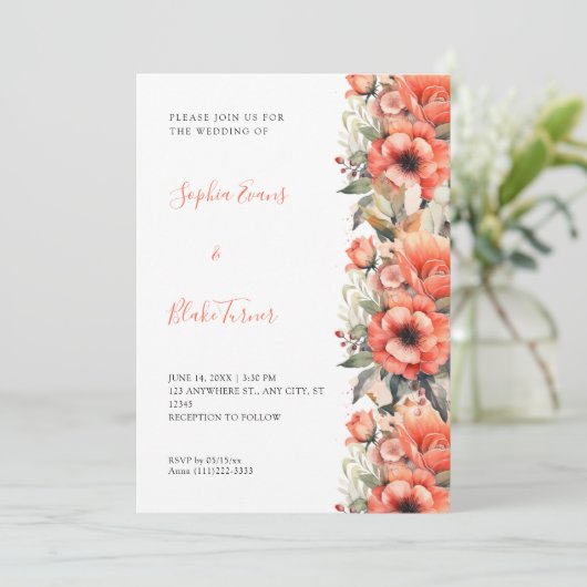 Bohemian Oranje Floral Herfst White Wedding Kaart (Staand voorkant)