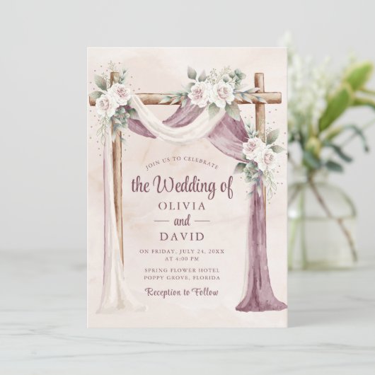 Bohemian Paarse roze bloemencenopy bruiloft Kaart (Staand voorkant)