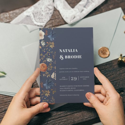 Bohemian Painted Flowers Navy Blue Rust Wedding Kaart