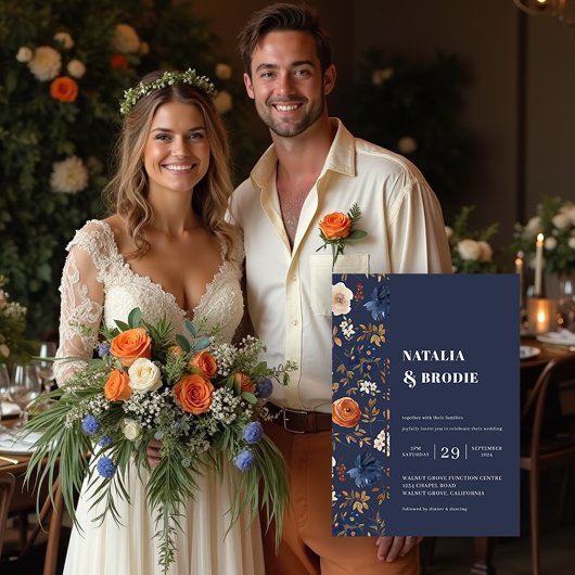 Bohemian Painted Flowers Navy Blue Rust Wedding Kaart