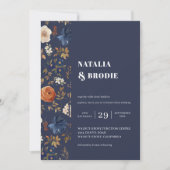 Bohemian Painted Flowers Navy Blue Rust Wedding Kaart (Voorkant)