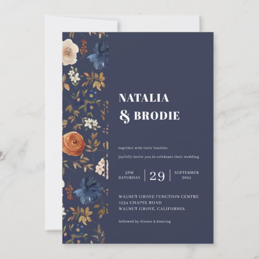 Bohemian Painted Flowers Navy Blue Rust Wedding Kaart (Voorkant)
