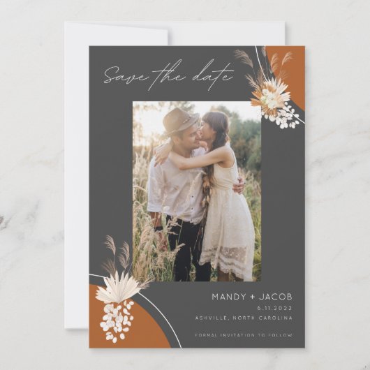 Bohemian Pampas Foto Gray Rust Wedding Save The Date (Voorkant)