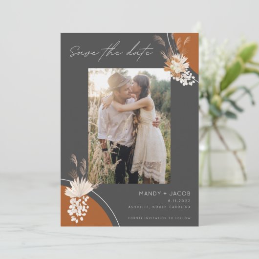 Bohemian Pampas Foto Gray Rust Wedding Save The Date (Staand voorkant)