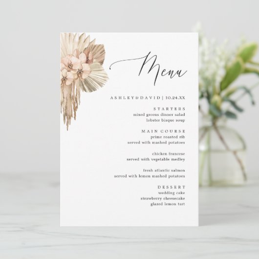 Bohemian Pampas Gras Herfst Bruiloft Diner Menu (Staand voorkant)
