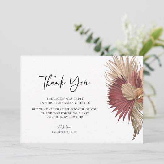 Bohemian Pampas Grass Baby shower Dank u Bedankkaart (Staand voorkant)
