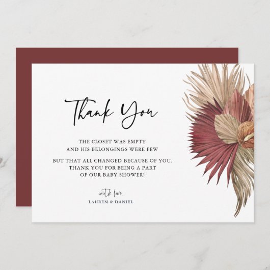 Bohemian Pampas Grass Baby shower Dank u Bedankkaart (Voorkant / Achterkant)